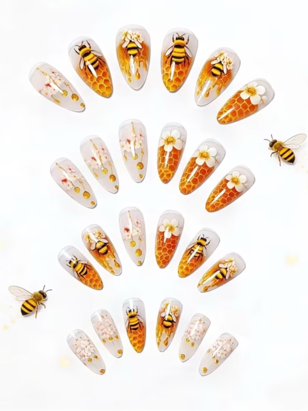 Bee Honeycomb Press-On Nails - Yellow & White Floral Set - Picture 4 of 4